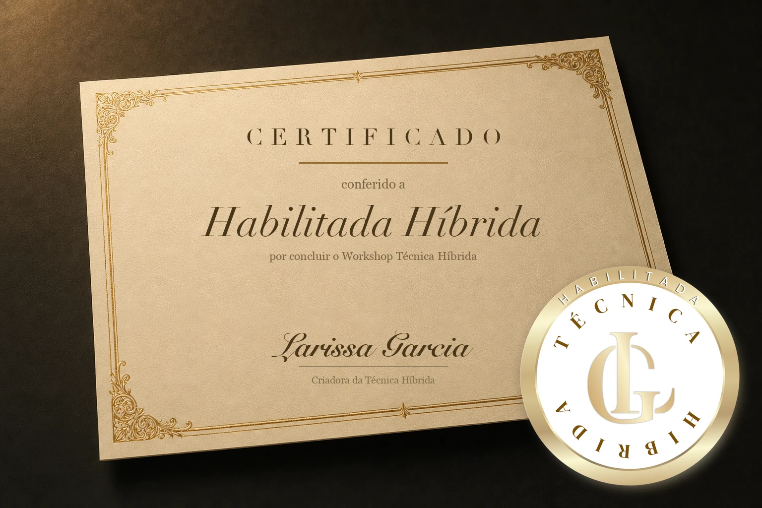 Certificado com o selo Habilitada Híbrida, assinado por Larissa Garcia